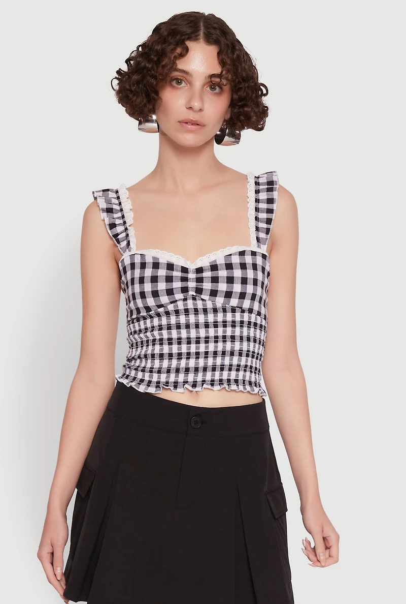Womens Chic Lace Trim Gingham Smocked Blouse, Multi, Size S