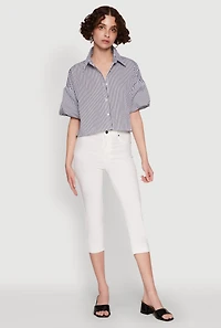 Womens Chic Bubble Sleeve Button Front Cropped Shirt, Multi, Size XL