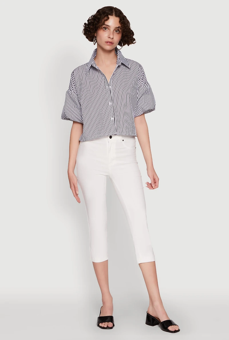 Womens Chic Bubble Sleeve Button Front Cropped Shirt, Multi, Size M