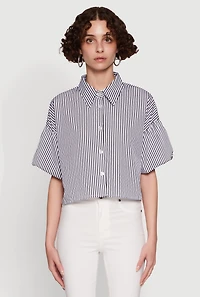 Womens Chic Bubble Sleeve Button Front Cropped Shirt, Multi, Size L