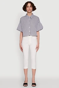 Womens Chic Bubble Sleeve Button Front Cropped Shirt, Multi, Size XL