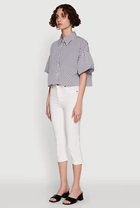 Womens Chic Bubble Sleeve Button Front Cropped Shirt, Multi, Size XL