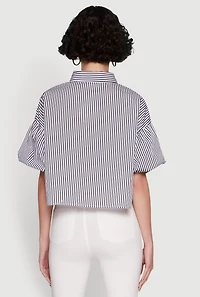 Womens Chic Bubble Sleeve Button Front Cropped Shirt, Multi, Size M
