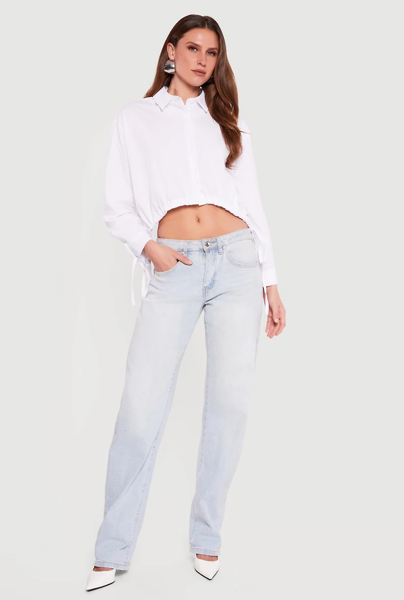 Long Sleeve Drawstring Hem Cropped Button Front Shirt