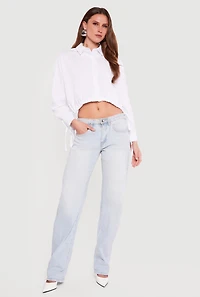 Long Sleeve Drawstring Hem Cropped Button Front Shirt