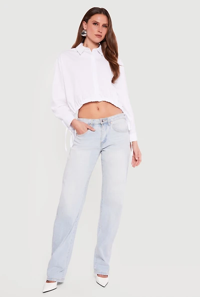 Long Sleeve Drawstring Hem Cropped Button Front Shirt