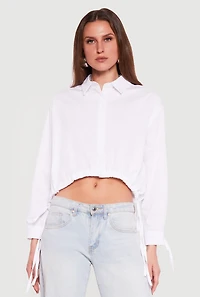 Long Sleeve Drawstring Hem Cropped Button Front Shirt