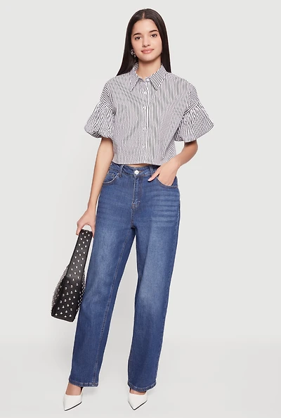 Striped Bubble Sleeve Cropped Blouse