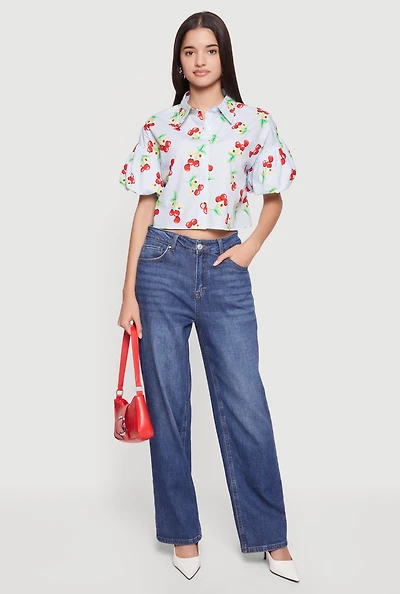 Striped Bubble Sleeve Cropped Blouse