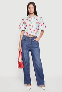 Striped Bubble Sleeve Cropped Blouse