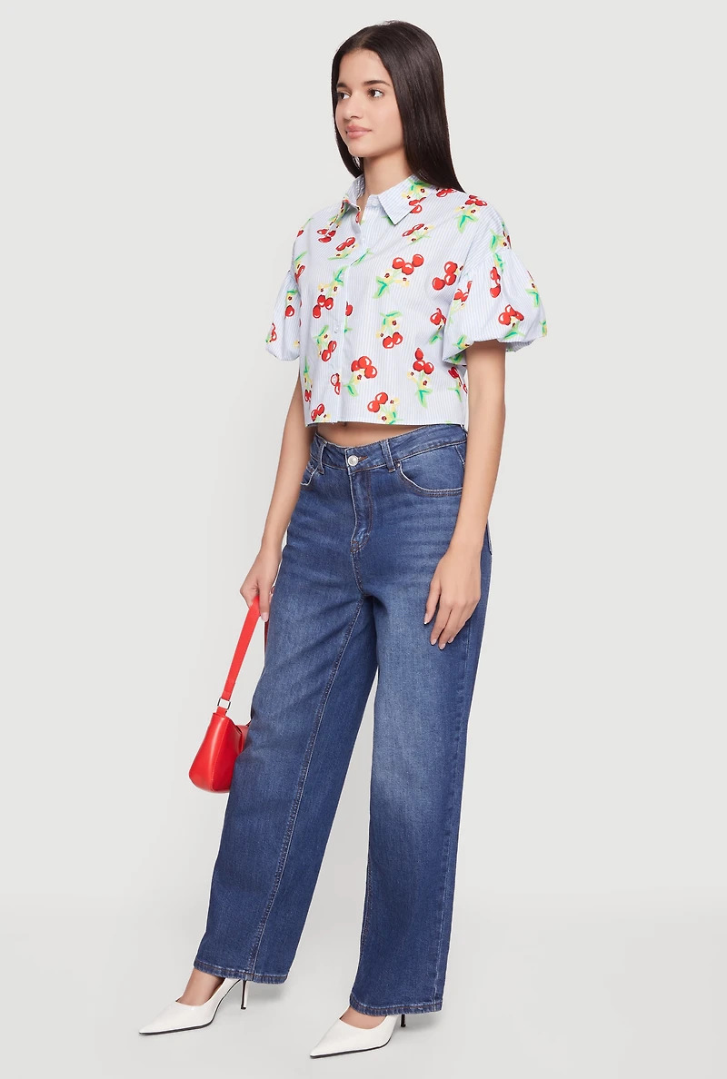 Striped Bubble Sleeve Cropped Blouse
