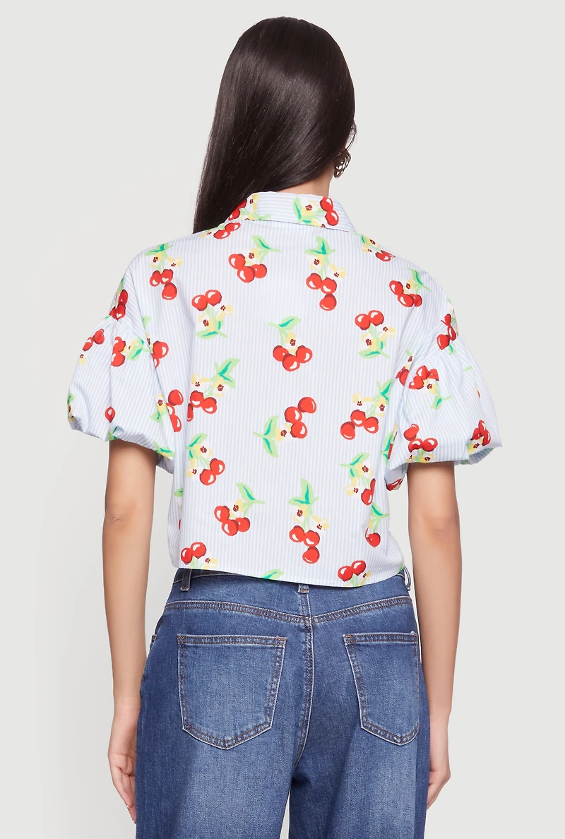 Striped Bubble Sleeve Cropped Blouse