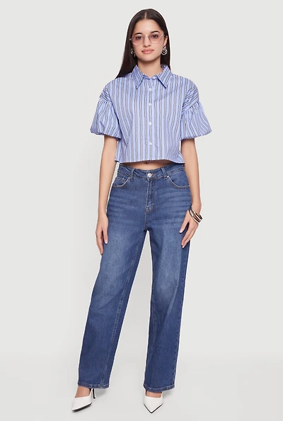 Striped Bubble Sleeve Cropped Blouse