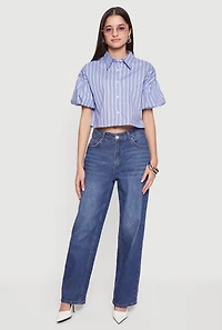 Striped Bubble Sleeve Cropped Blouse