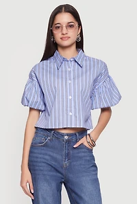 Striped Bubble Sleeve Cropped Blouse