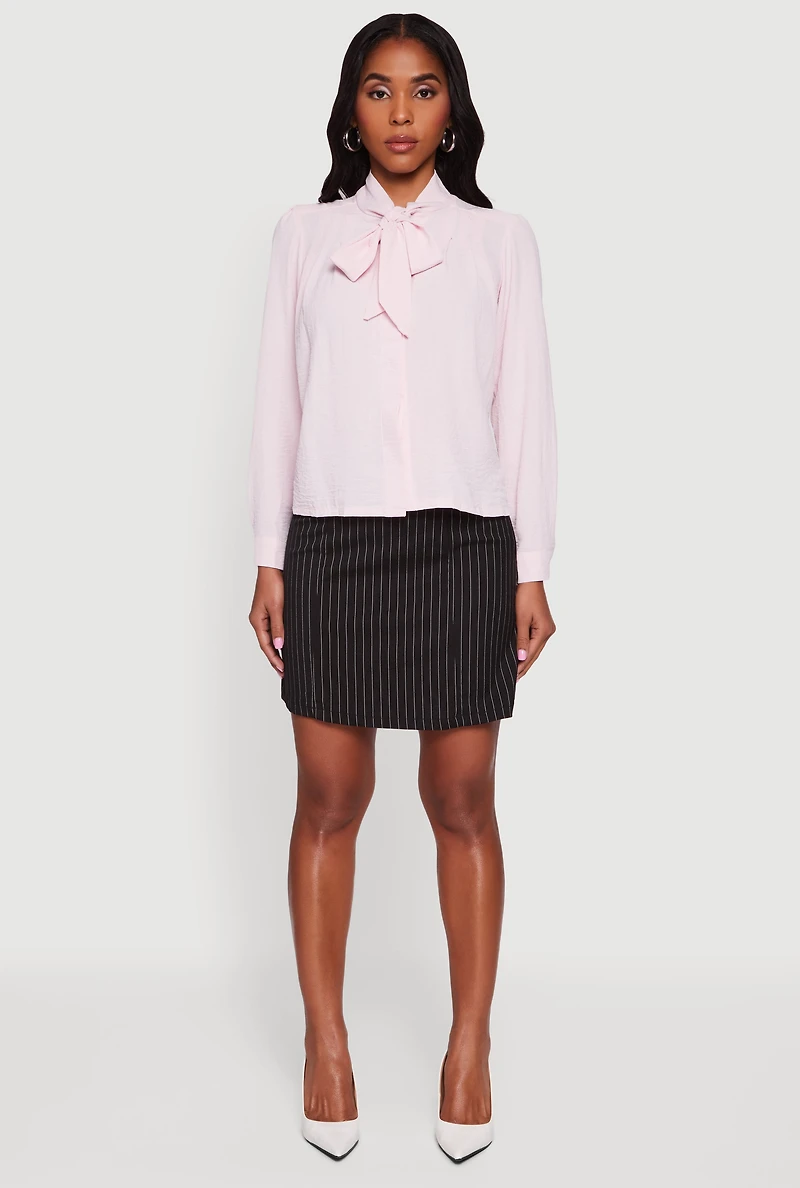 Womens Crepe Knit Tie Neck Button Front Shirt, Pink, Size S