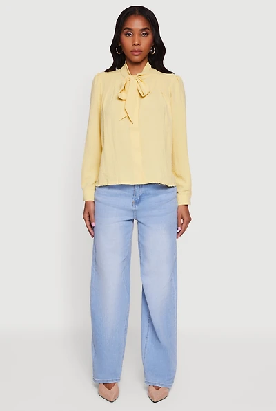 Womens Crepe Knit Tie Neck Button Front Shirt, Yellow, Size M