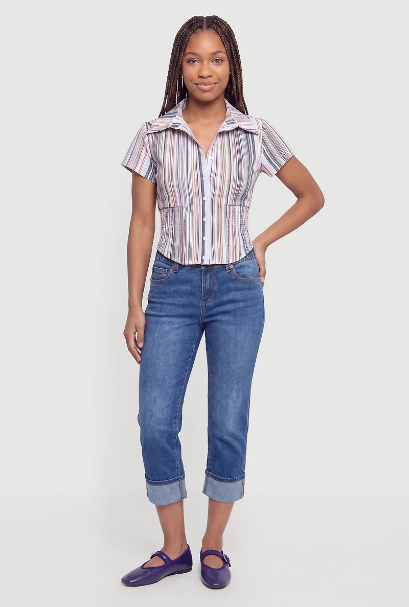 Striped Short Sleeve Smocked Shirt