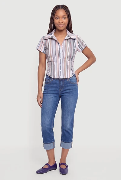 Striped Short Sleeve Smocked Shirt