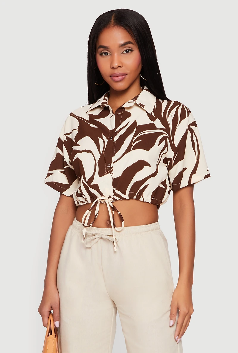 Patterned Drawstring Waist Crop Top