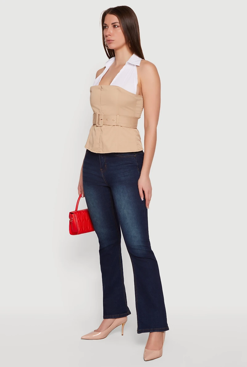 Belted Collared Sleeveless Top