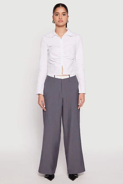 Womens Ruched Double Zip Front Shirt, White, Size M