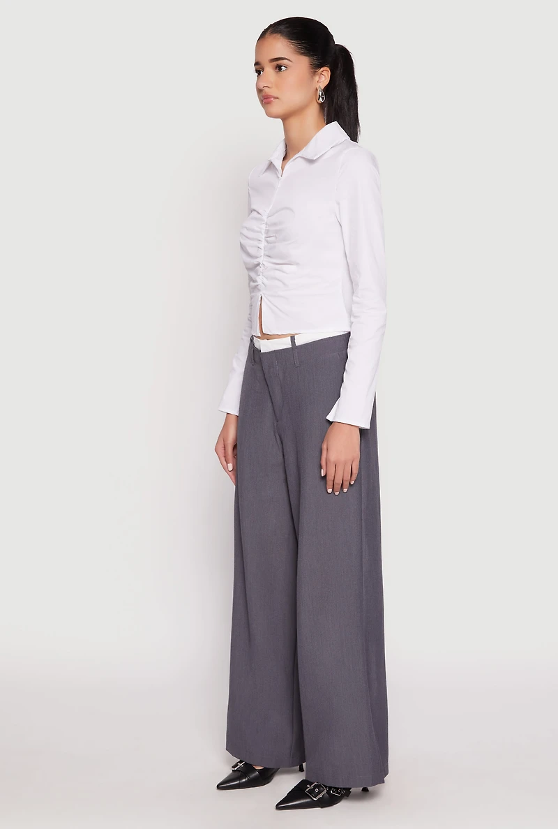 Womens Ruched Double Zip Front Shirt, White, Size M