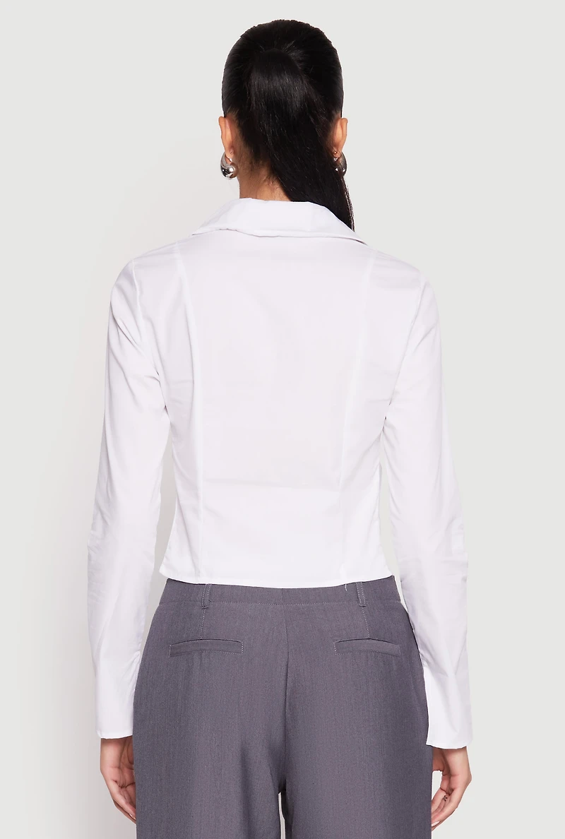 Womens Ruched Double Zip Front Shirt, White,