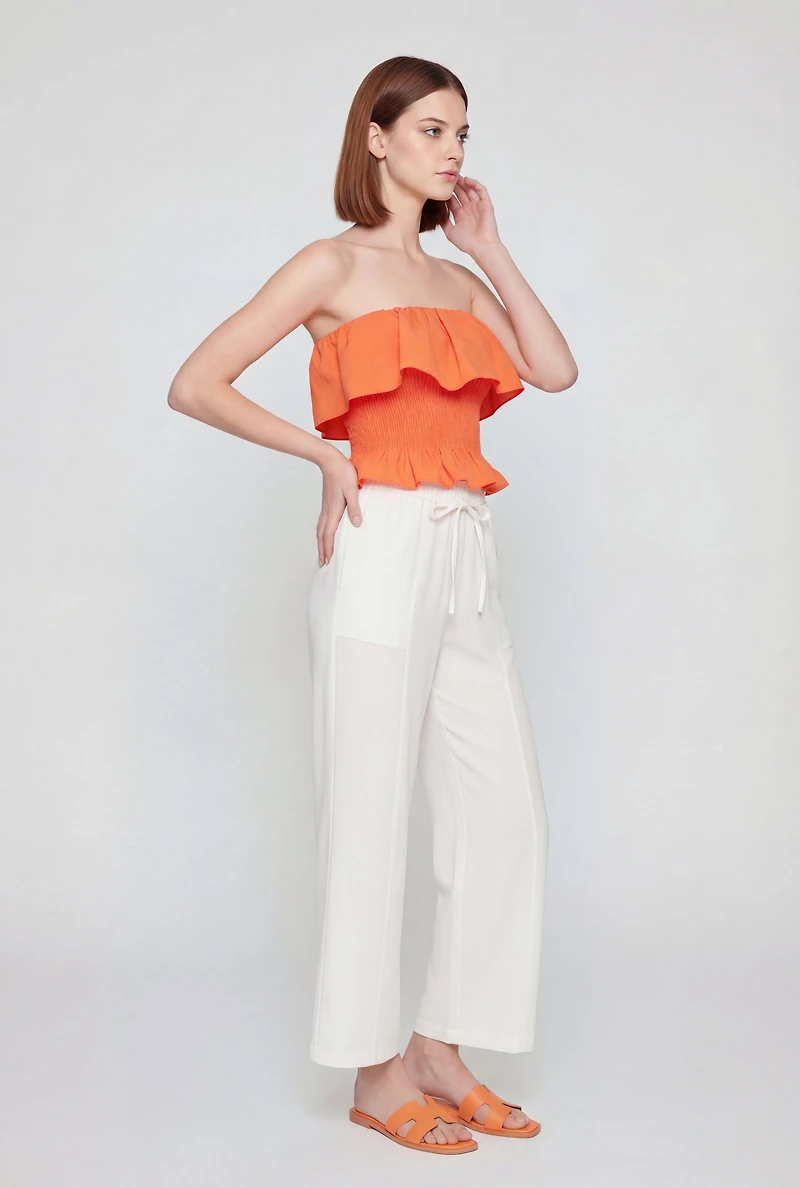 Ruffle Trim Smocked Crop Top