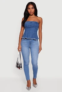 Denim Frayed Hem Peplum Tube Top