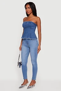 Denim Frayed Hem Peplum Tube Top