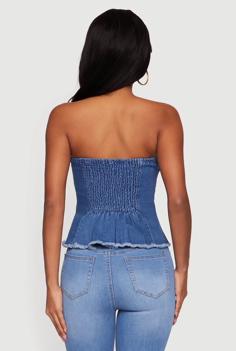 Denim Frayed Hem Peplum Tube Top