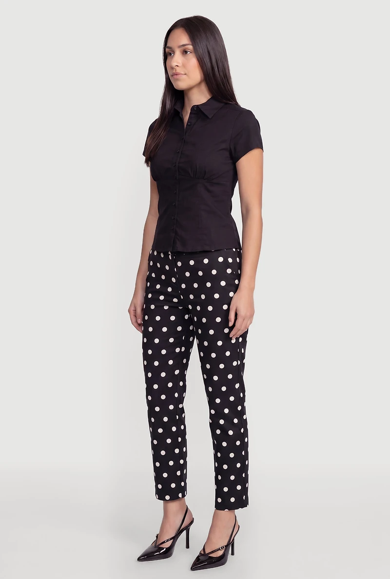 Button Front Short Sleeve Pleated Shirt