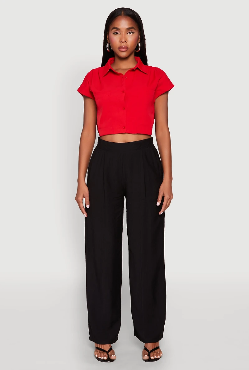 Womens Cap Sleeve Cropped Shirt, Red, Size S
