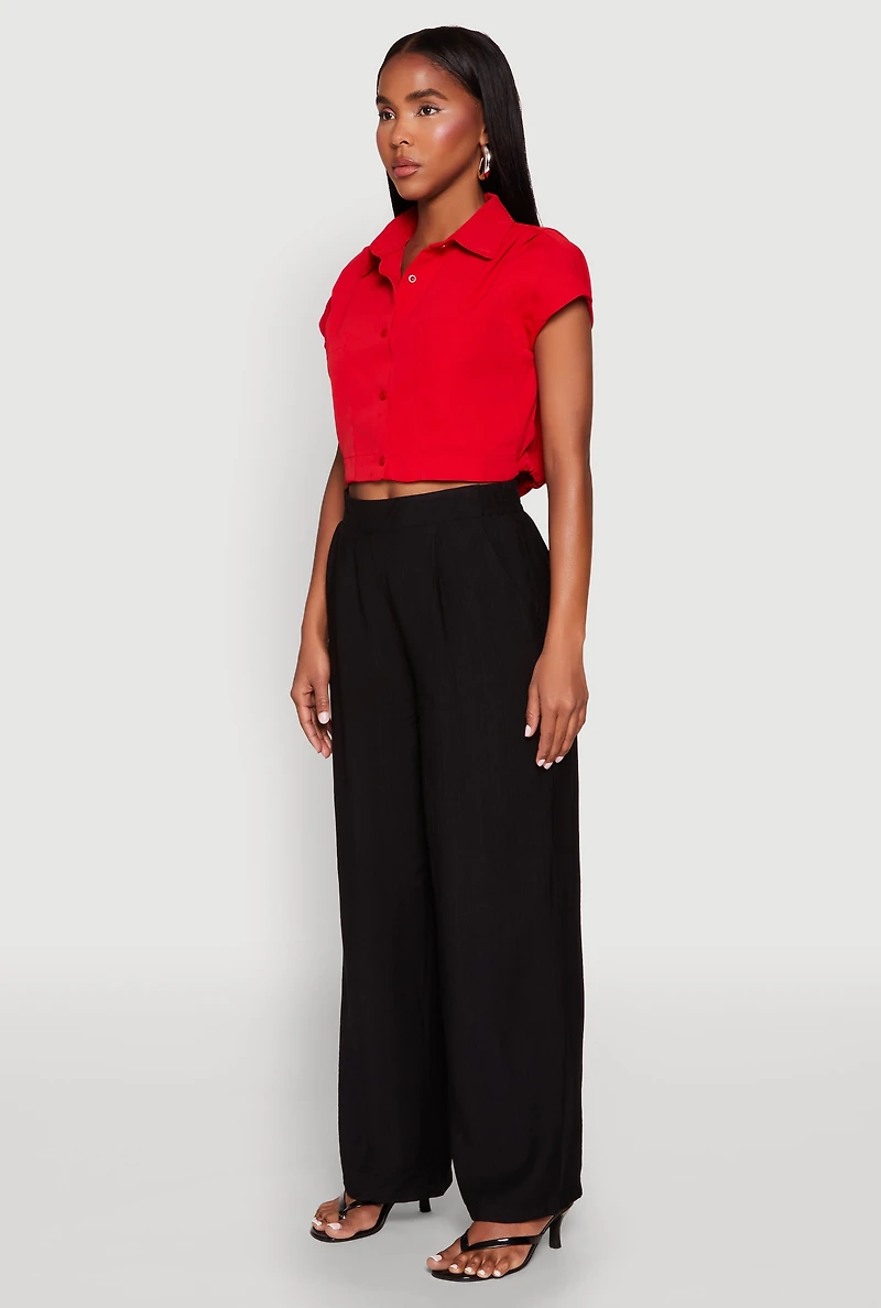 Womens Cap Sleeve Cropped Shirt, Red, Size S