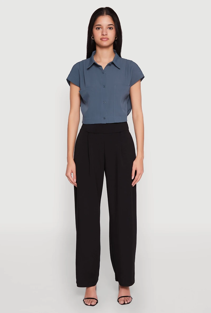 Womens Cap Sleeve Cropped Shirt, Blue, Size XL