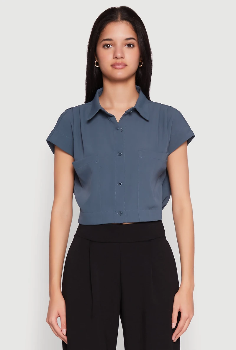 Womens Cap Sleeve Cropped Shirt, Blue, Size XL
