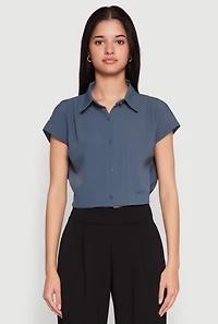 Womens Cap Sleeve Cropped Shirt, Blue, Size XL