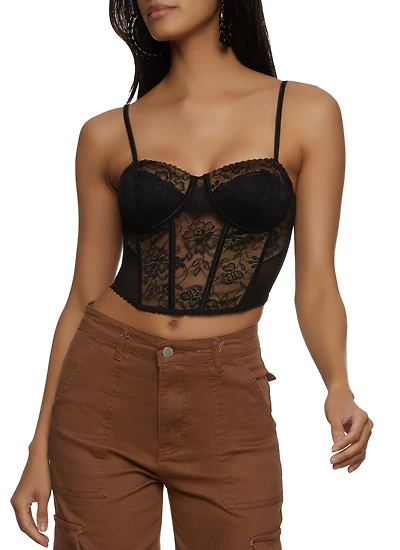 Womens Floral Lace Corset Bustier Top, Black, Size M