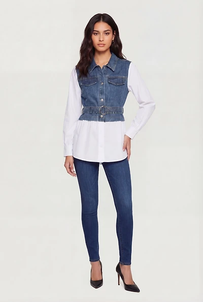 Denim and Poplin Long Sleeve Belted Shirt