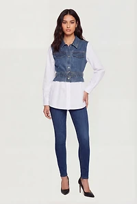 Denim and Poplin Long Sleeve Belted Shirt