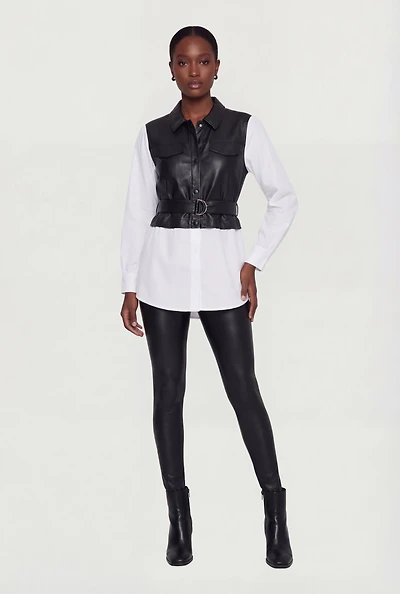 Faux Leather and Poplin Long Sleeve Belted Shirt