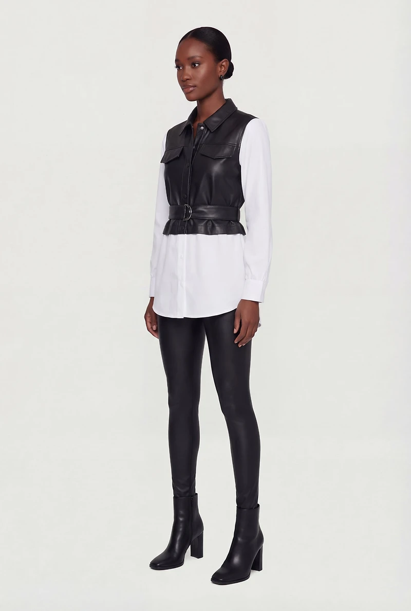 Faux Leather and Poplin Long Sleeve Belted Shirt