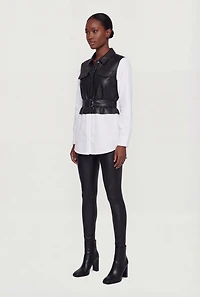 Faux Leather and Poplin Long Sleeve Belted Shirt
