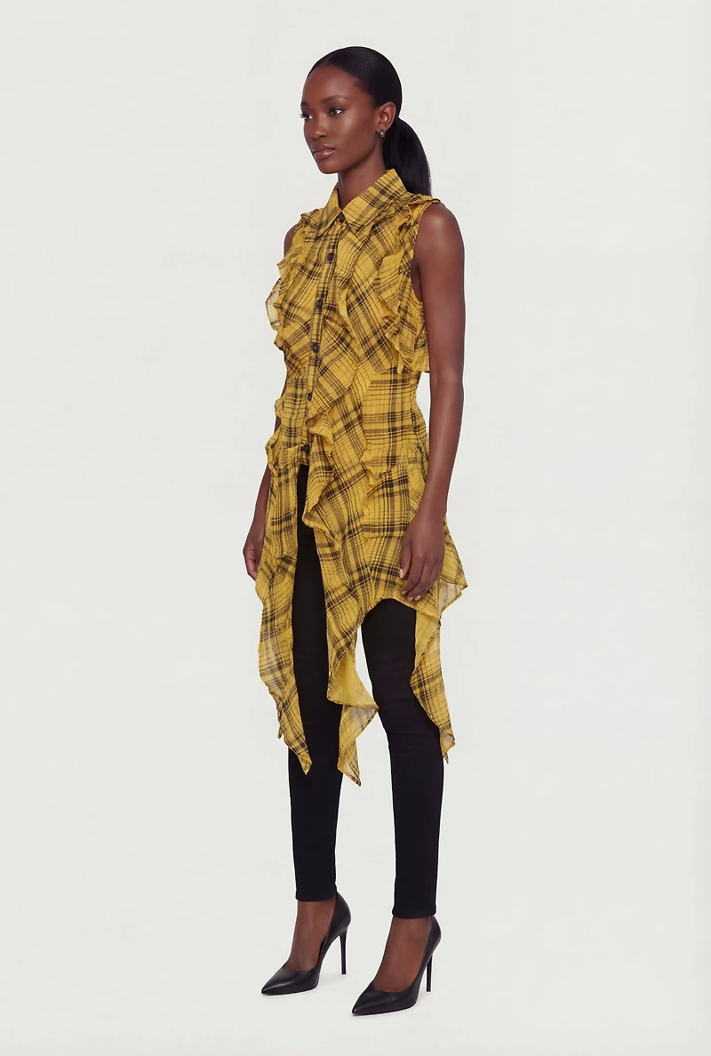 Plaid Ruffle Sleeveless Button Front Top