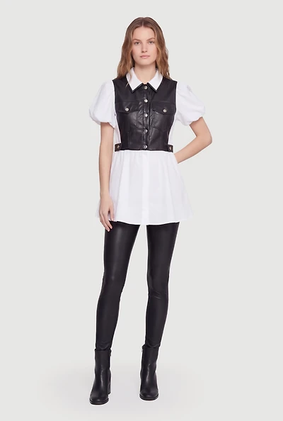 Faux Leather and Poplin Puff Sleeve Top