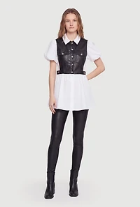 Faux Leather and Poplin Puff Sleeve Top