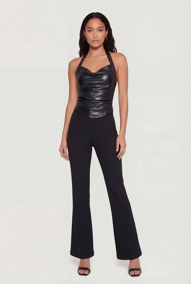 Faux Leather Cowl Neck Halter Top