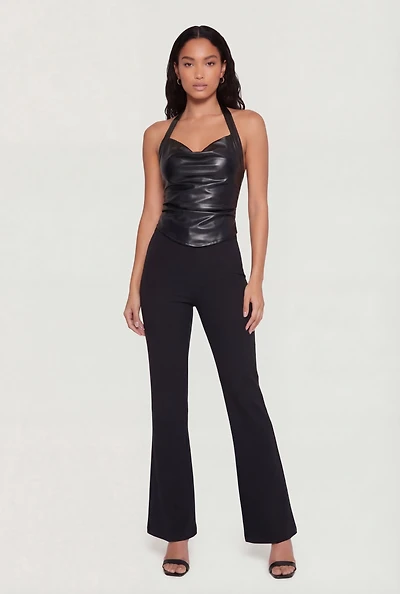 Faux Leather Cowl Neck Halter Top