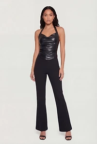 Faux Leather Cowl Neck Halter Top
